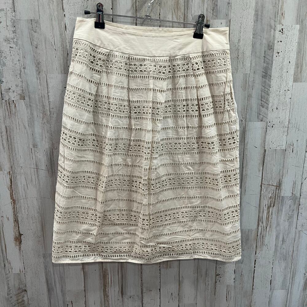 Weekend MaxMara Cream Eyelet Lace Box Pleat Skirt Knee Length Cotton Women’s 8